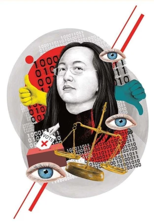 Illustration featuring a person's face, scales of justice, voting box, thumbs up and down, and scattered eyeballs, set against binary code.
