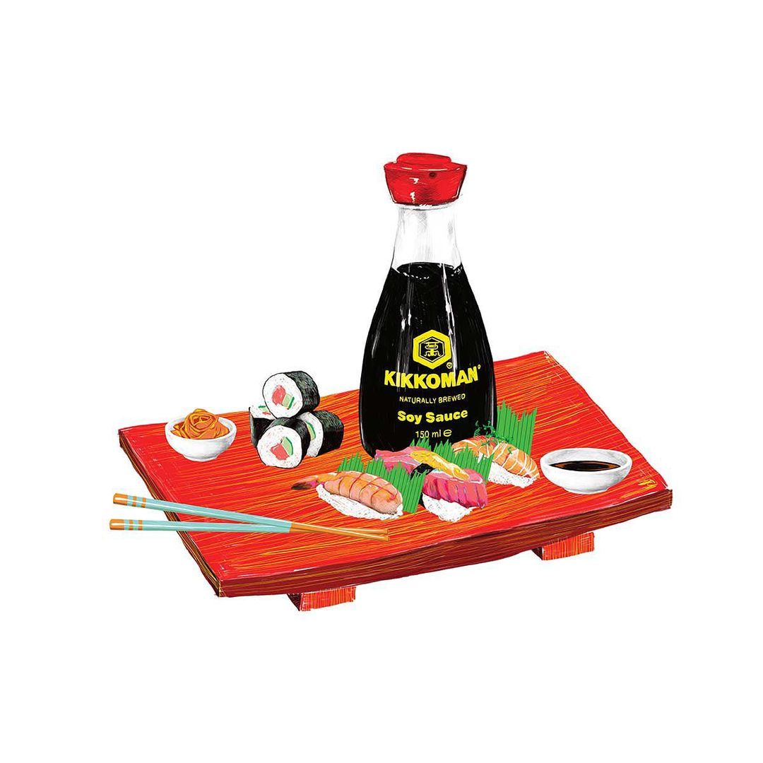 Illustration of a wooden serving board with an arrangement of sushi, soy sauce, and chopsticks, set against a white background.