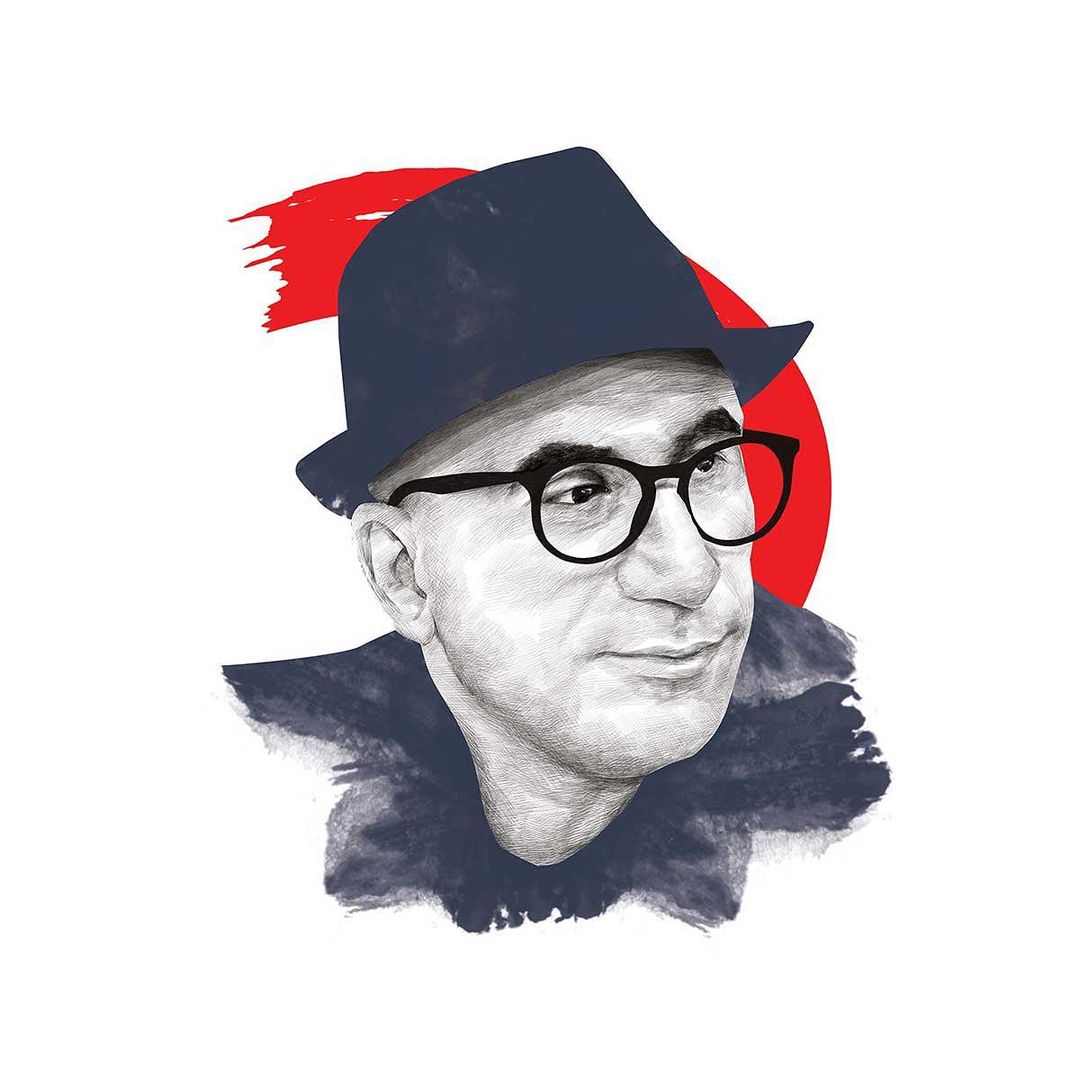 Illustration of a man with glasses and a hat against a white background with a red accent. The style appears to be a pencil drawing.