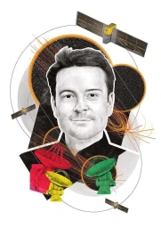 Portrait illustration of a man surrounded by collaged satellites and radar dishes by Paul Ryding