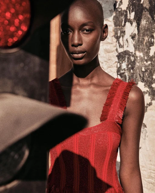 An African American woman with a shaved head, wearing a red dress, standing against a textured wall with a traffic light shadow.