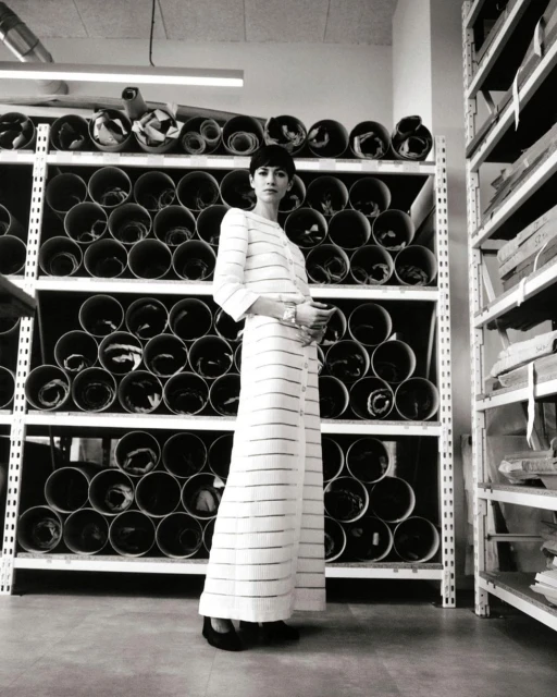 A woman in a striped pantsuit stands in front of shelves of rolled textiles, photographed in a warehouse-like space with neutral tones.