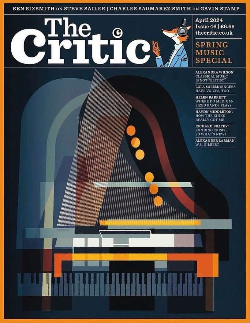 The Critic magazine cover, April 2024 issue, with colorful geometric illustration of a piano, fox character, and 'Spring Music Special' text.
