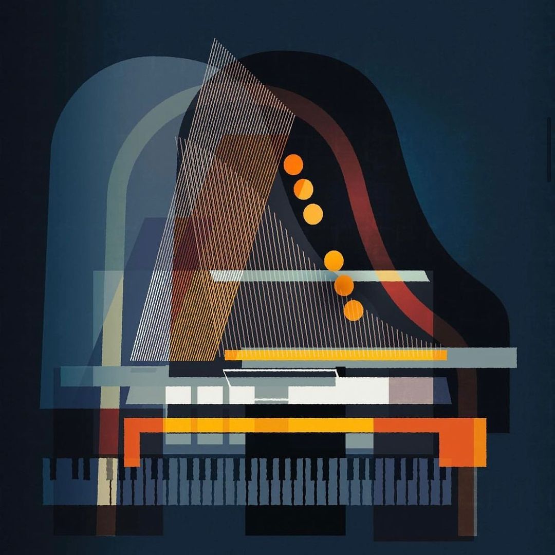 Abstract illustration of a grand piano with geometric shapes, lines, and circles on a dark blue background. Musical art and instrument.