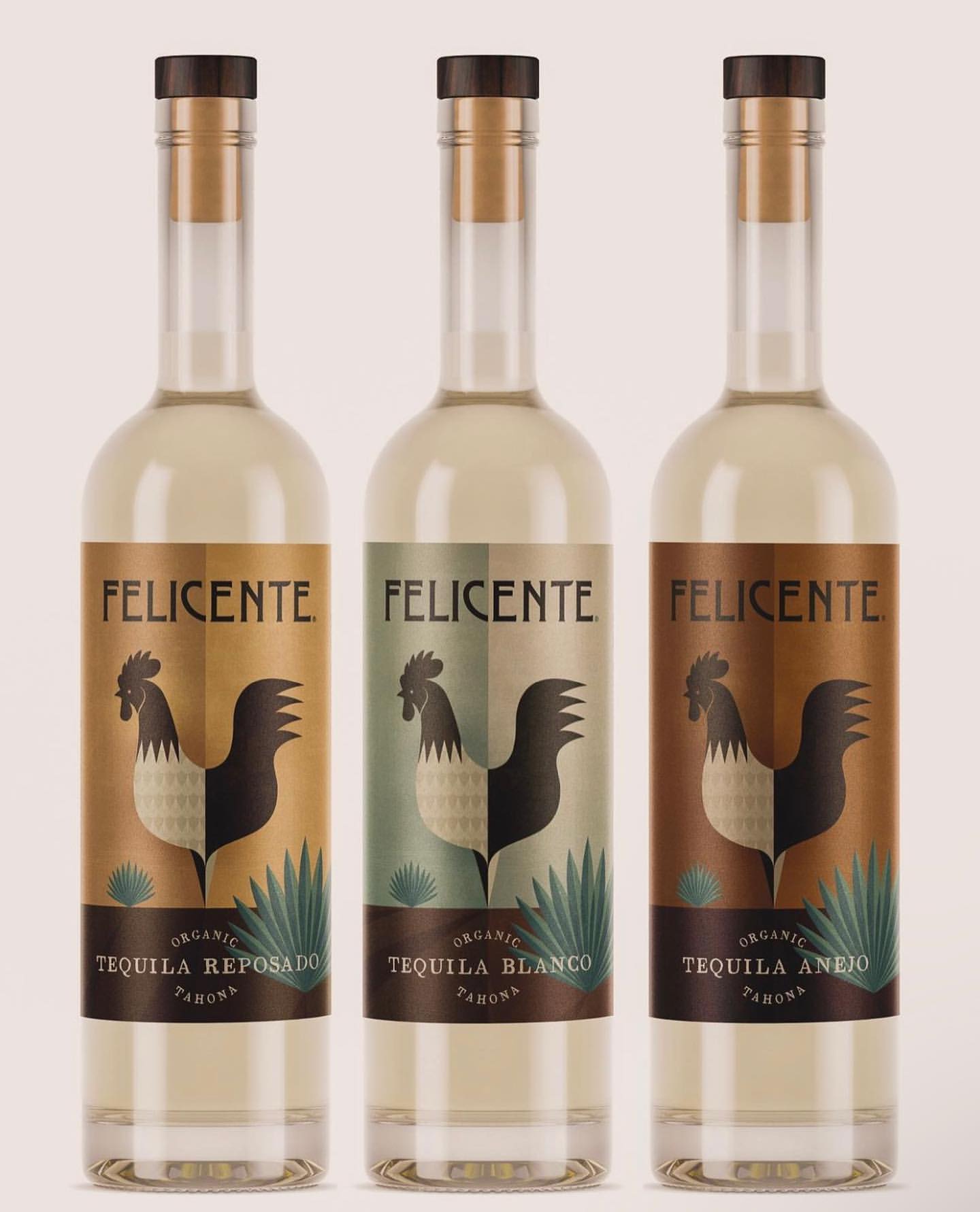 Three bottles of Felicente organic tequila: Reposado, Blanco, and Anejo, each with a rooster logo, standing in a studio setting.