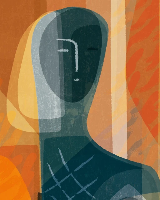 Abstract art features a stylized human figure in teal and white, set against warm orange and yellow hues in a textured background.