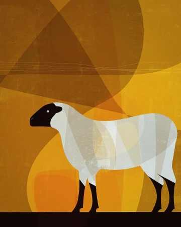 Illustration of a white sheep with a black head against an orange and brown abstract background with geometric shapes.