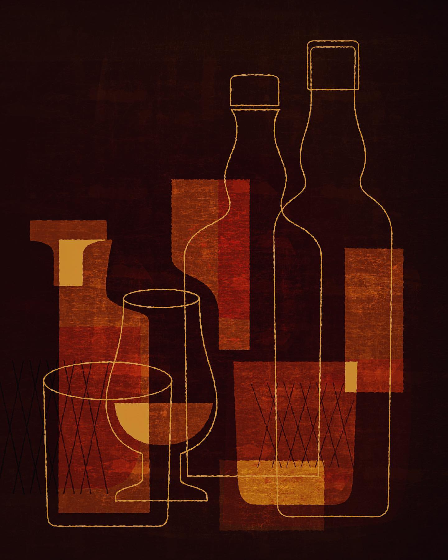 Abstract art featuring outlined bottles and glass filled with liquid, set against a dark backdrop with blocks of contrasting colors.