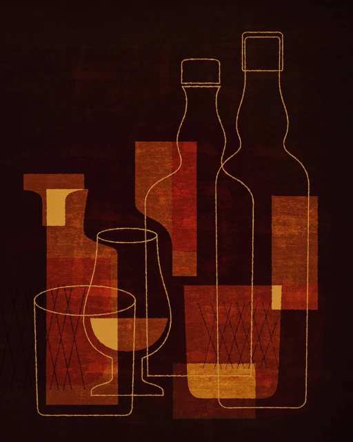 Abstract art featuring outlined bottles and glass filled with liquid, set against a dark backdrop with blocks of contrasting colors.