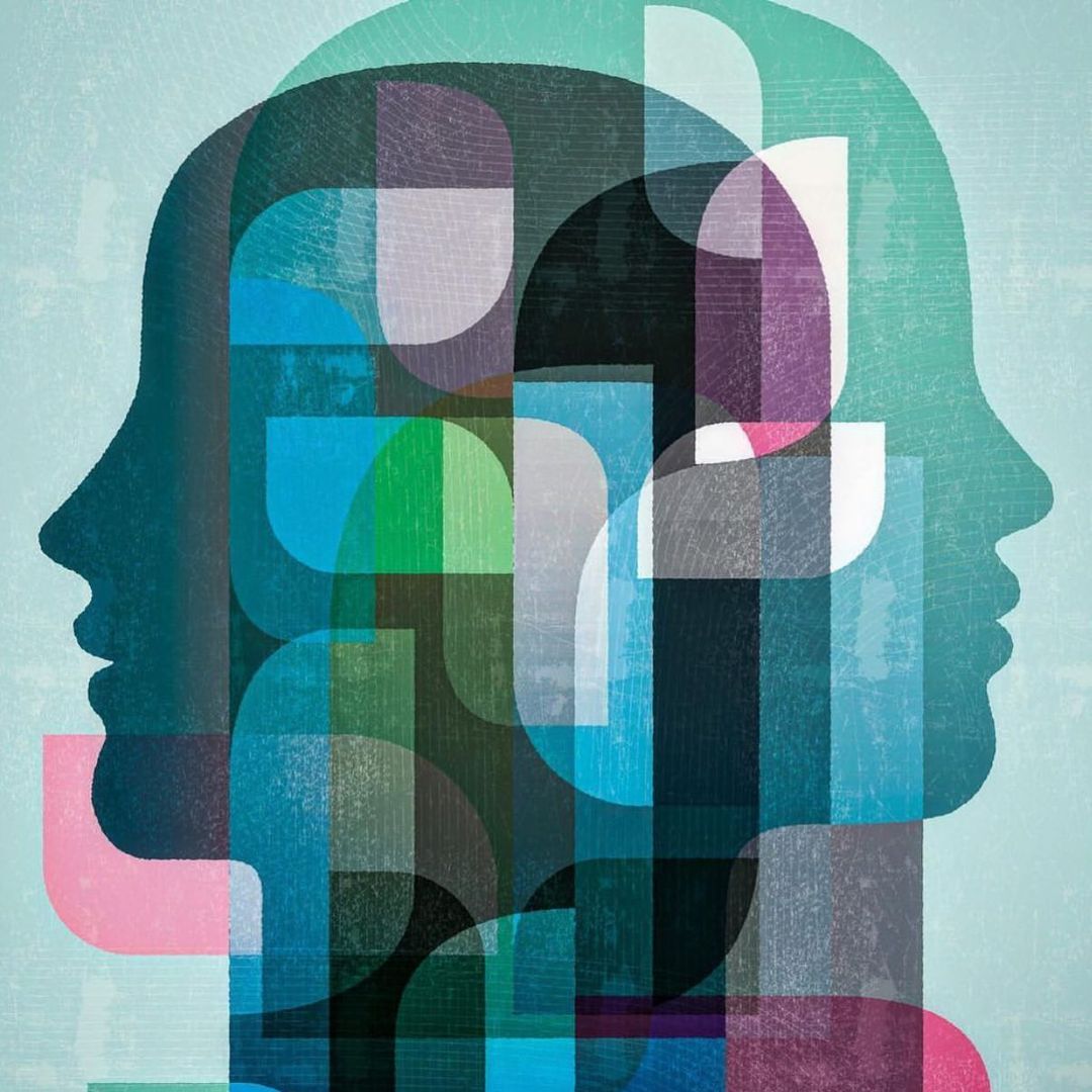 Abstract profile illustration featuring two human silhouettes overlaid with geometric patterns and a soft, textured light blue background.