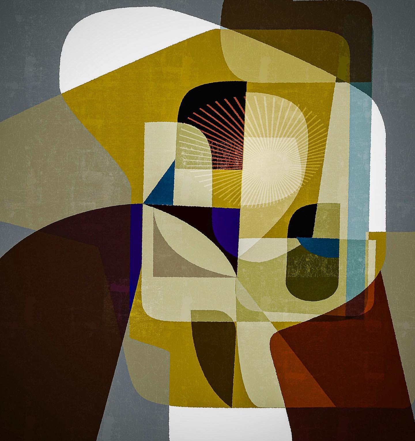 Abstract geometric art with overlapping shapes in ochre, brown, and grey tones, creating a textured and layered visual composition.