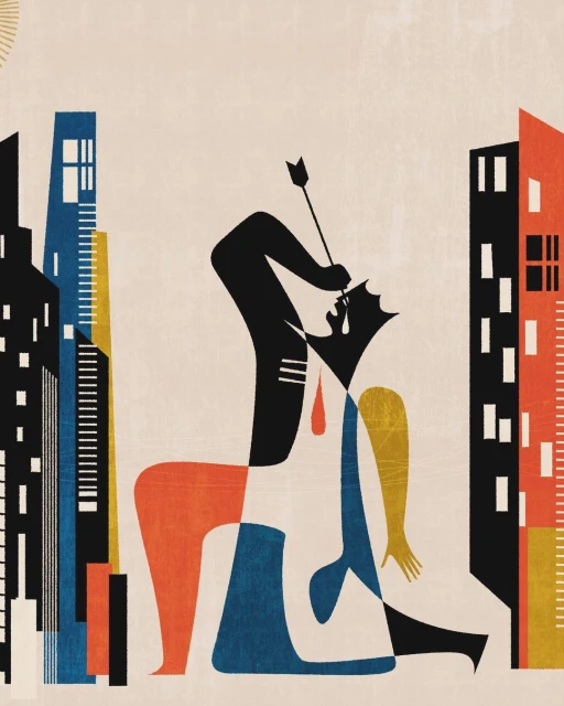 Abstract illustration of human figure with arrow through head, set against city building silhouettes in muted tones, art deco style.