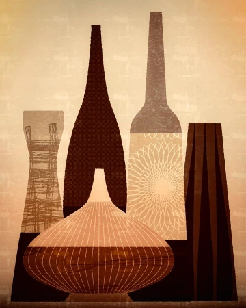 Digital illustration of five abstract vases and bottles featuring geometric patterns and textured surfaces against a warm cream background.