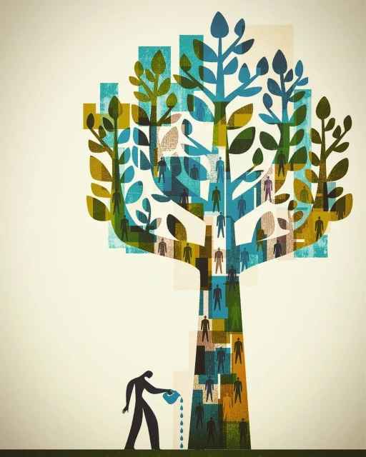 Stylized digital art shows a tree with people figures in the trunk and branches being watered by a person with a watering can.