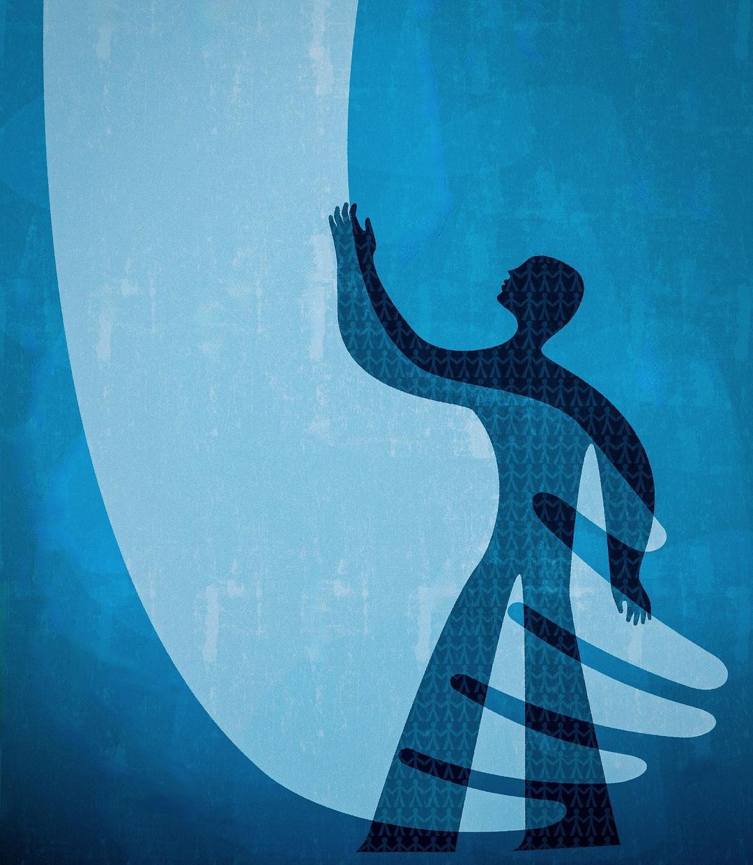 Illustration of a person reaching up towards a light source in a blue textured design, showing movement and a sense of hope.
