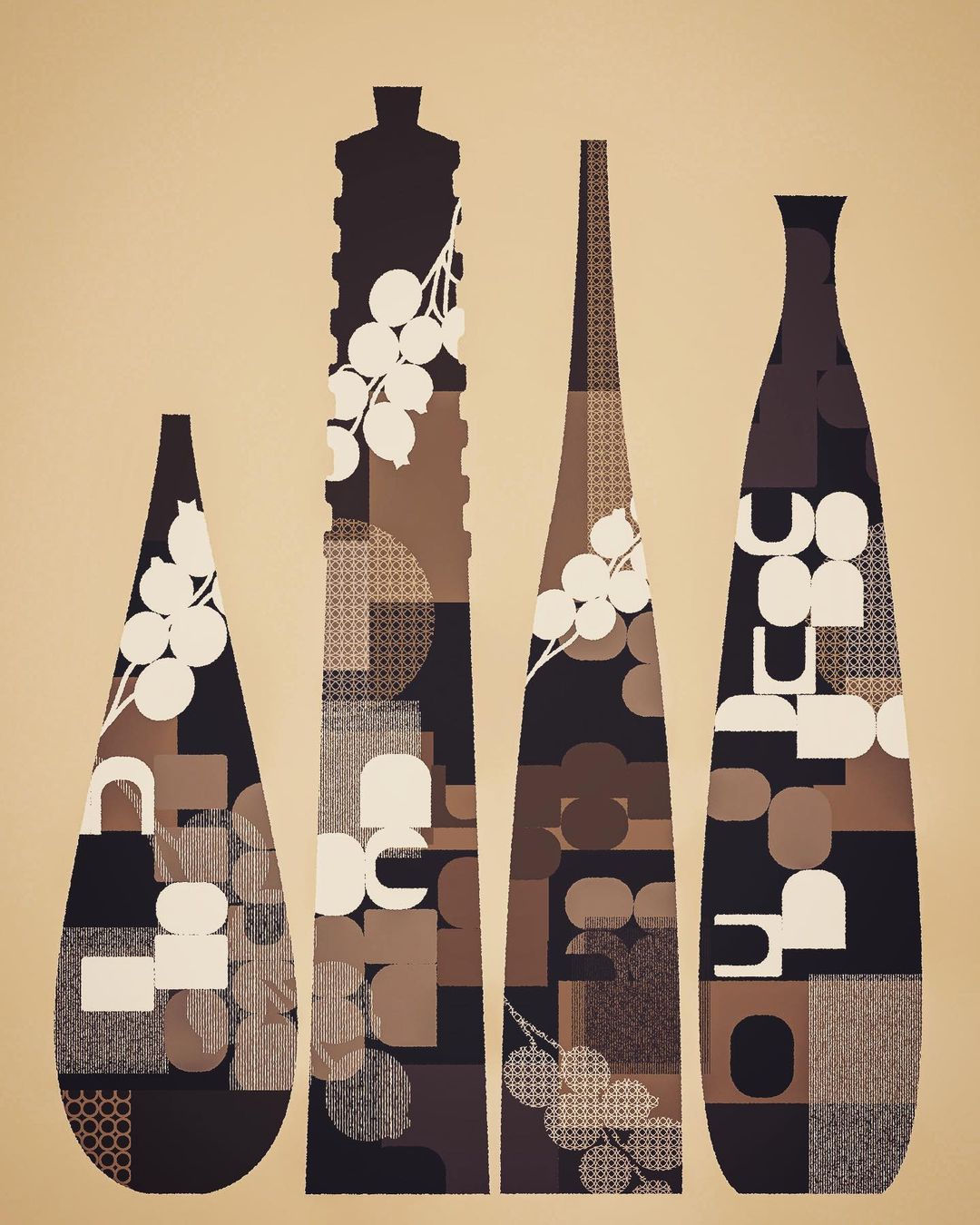 Abstract art featuring four decorative vases with geometric patterns, various heights and widths, set against a solid beige background.