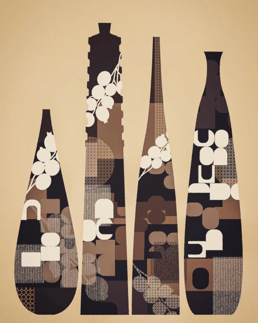 Abstract art featuring four decorative vases with geometric patterns, various heights and widths, set against a solid beige background.