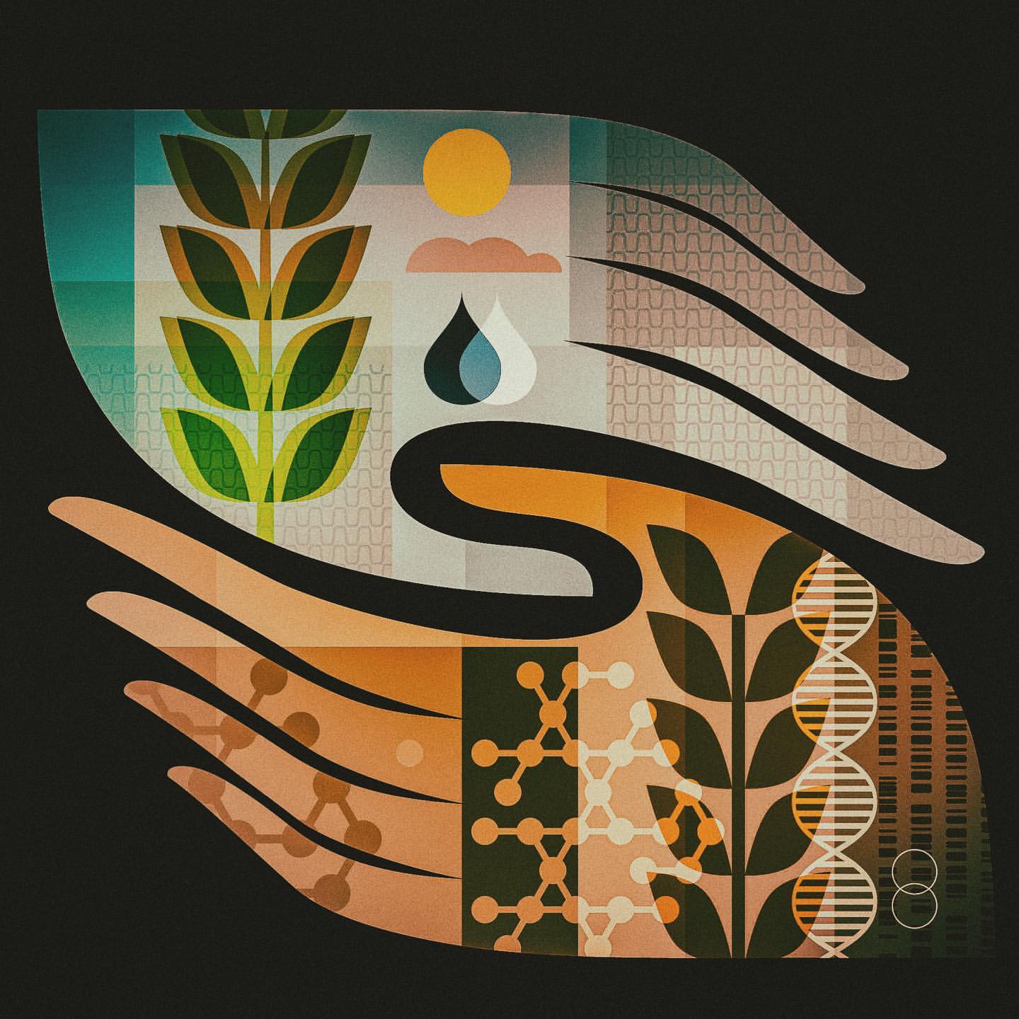Abstract illustration with hands cradling botanical elements, molecular structures, and DNA helixes on a black background.