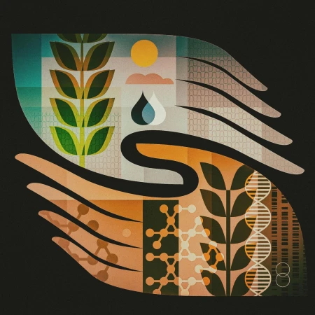 Abstract illustration with hands cradling botanical elements, molecular structures, and DNA helixes on a black background.