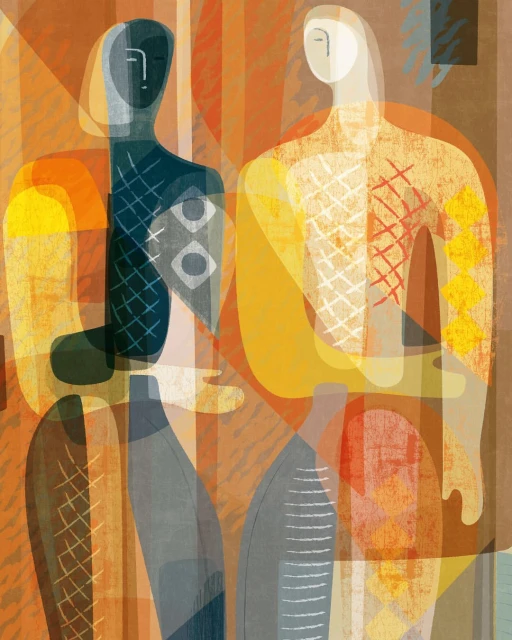 Abstract digital art featuring two stylized human figures in warm and cool tones, with layered geometric patterns and semi-transparent effects.