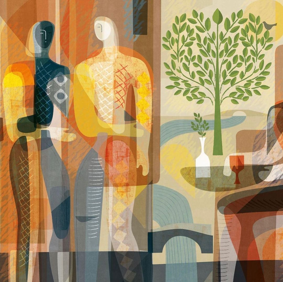 Stylized illustration of two figures in a room with view of a tree, table and bridge, rendered in muted earth tones.