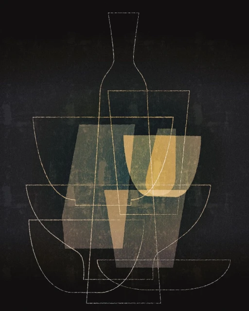 Abstract illustration of a wine bottle and glasses. The art features geometric shapes and translucent overlays in muted yellow and green.