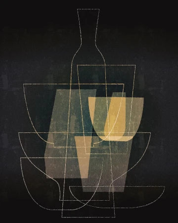 Abstract illustration of a wine bottle and glasses. The art features geometric shapes and translucent overlays in muted yellow and green.