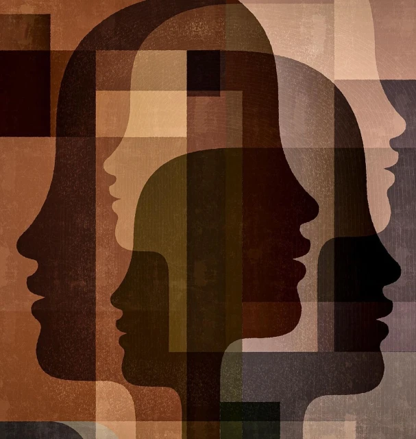 Abstract art featuring overlapping silhouette profiles of three people, depicted in shades of brown, tan, gray, and black against a geometric background.