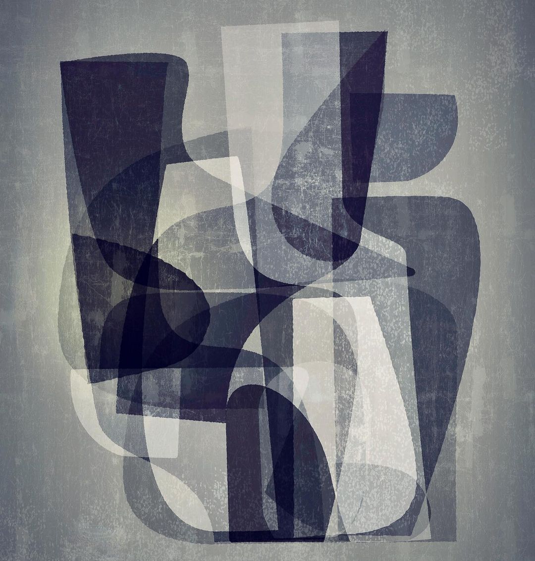 Abstract art featuring overlapping geometric shapes in shades of gray, creating a modern, textured composition with a grunge effect.