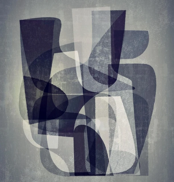 Abstract art featuring overlapping geometric shapes in shades of gray, creating a modern, textured composition with a grunge effect.