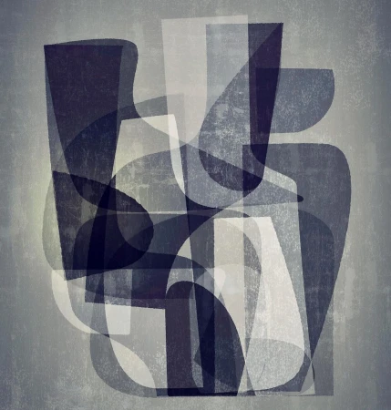 Abstract art featuring overlapping geometric shapes in shades of gray, creating a modern, textured composition with a grunge effect.