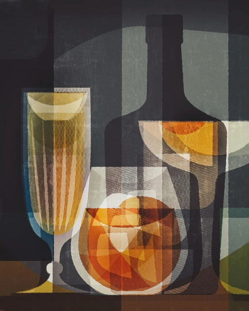 Abstract art featuring a bottle and two glasses with liquid in golden and amber tones, set against a muted gray background.