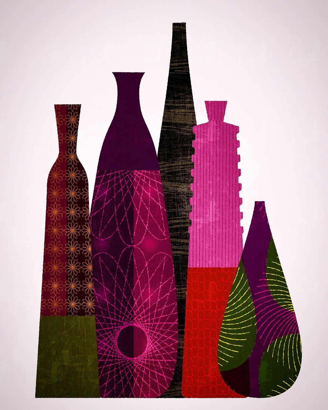 Modern art showcases five colourful patterned bottles of different sizes and shapes against a light background, creating a vibrant collection.