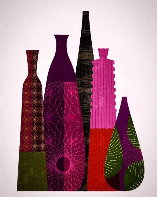 Modern art showcases five colourful patterned bottles of different sizes and shapes against a light background, creating a vibrant collection.