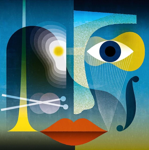 Abstract face with musical instrument elements in geometric shapes and bold colors, including blues, yellows, and reds.