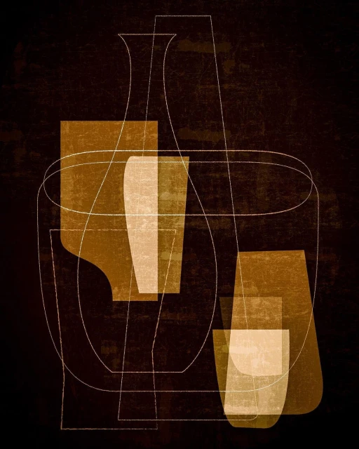 Abstract art featuring overlapping geometric shapes of vases and glasses in amber and white hues on a dark brown background, creating a layered visual.