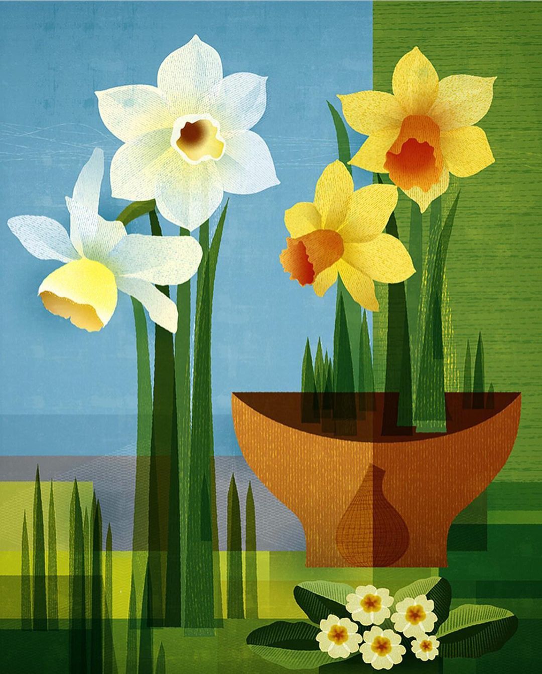 Illustration of white and yellow daffodils in a brown pot, with small white flowers in the foreground, against a blue and green background.