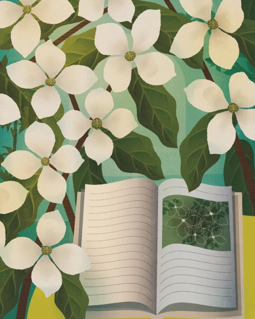 Illustration of an open book next to white dogwood flowers and green leaves against a turquoise background, creating a natural scene.