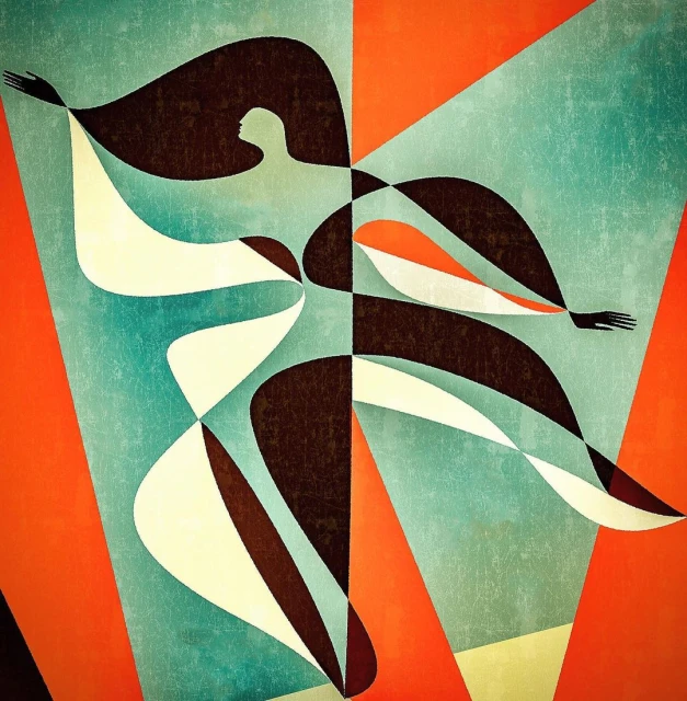 Abstract art illustration of a figure in motion with geometric shapes and bold color palette of orange, turquoise, white, and brown.