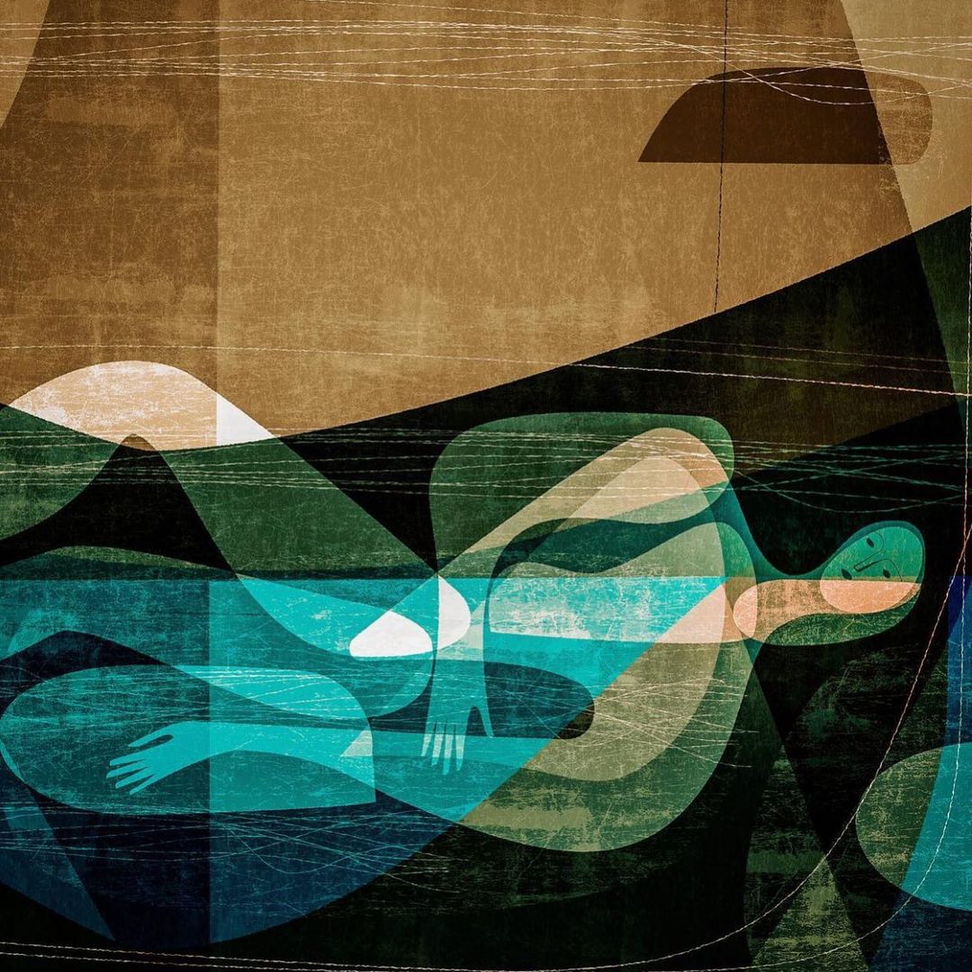 Abstract art of a reclining figure in blue, green and brown tones, with geometric shapes suggesting water and land.