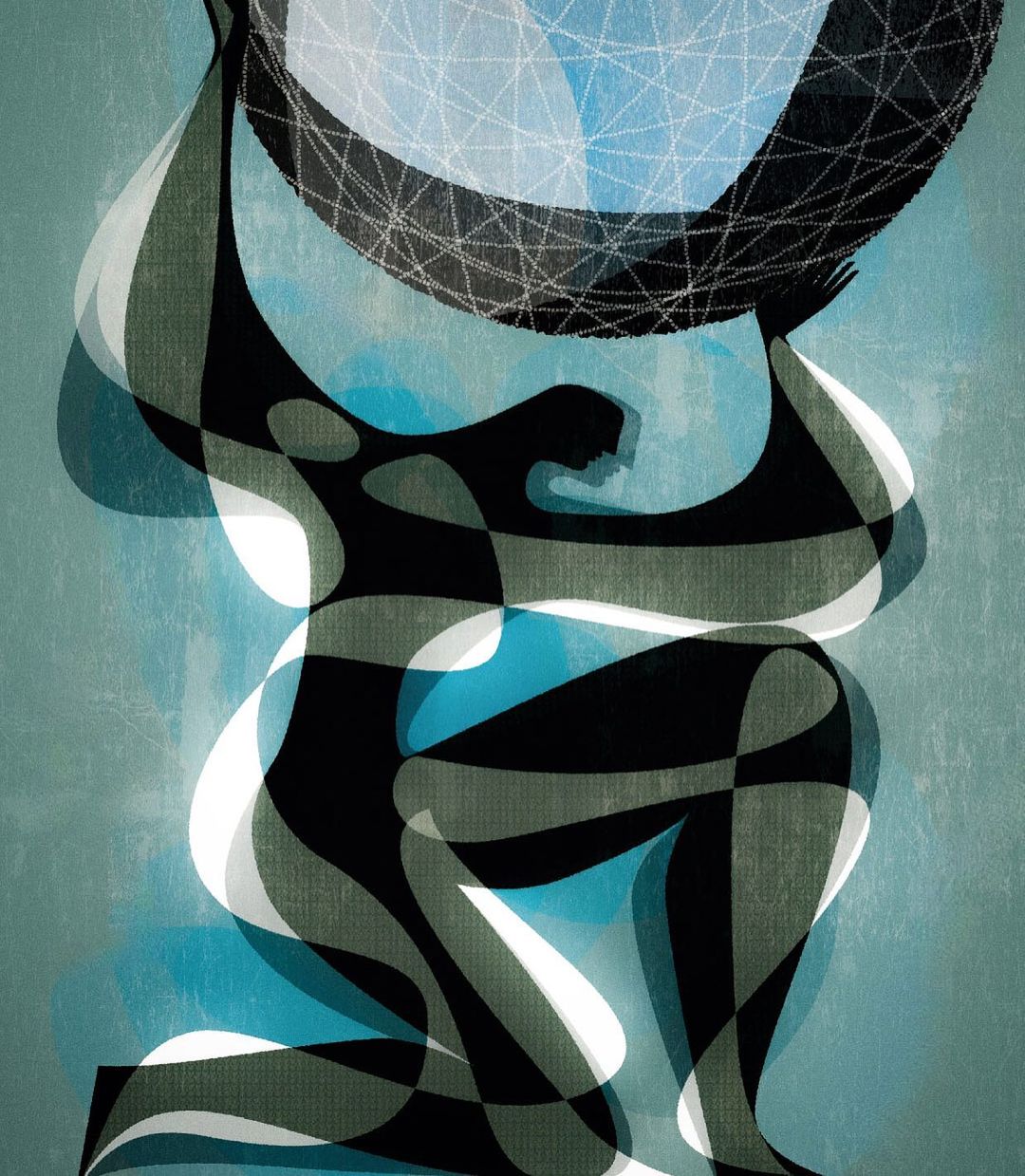 Stylized graphic of figure holding wireframe globe. Black and white checkerboard pattern on figure. Blue and green textured background.