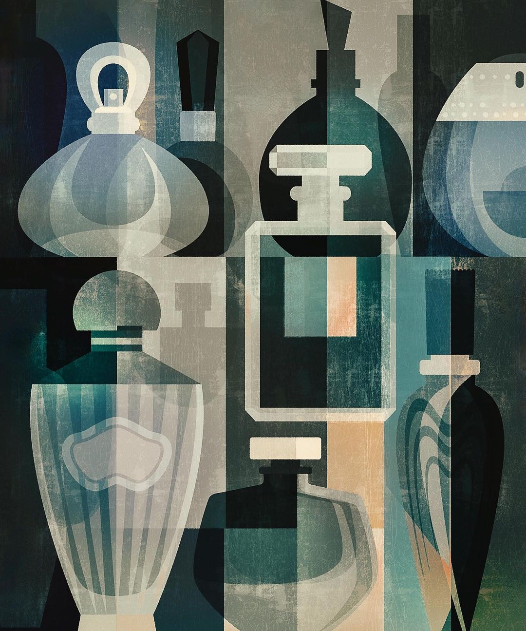 Digital illustration by Paul Wearing featuring geometric overlapping shapes of perfume bottles in blue, teal, and beige tones.
