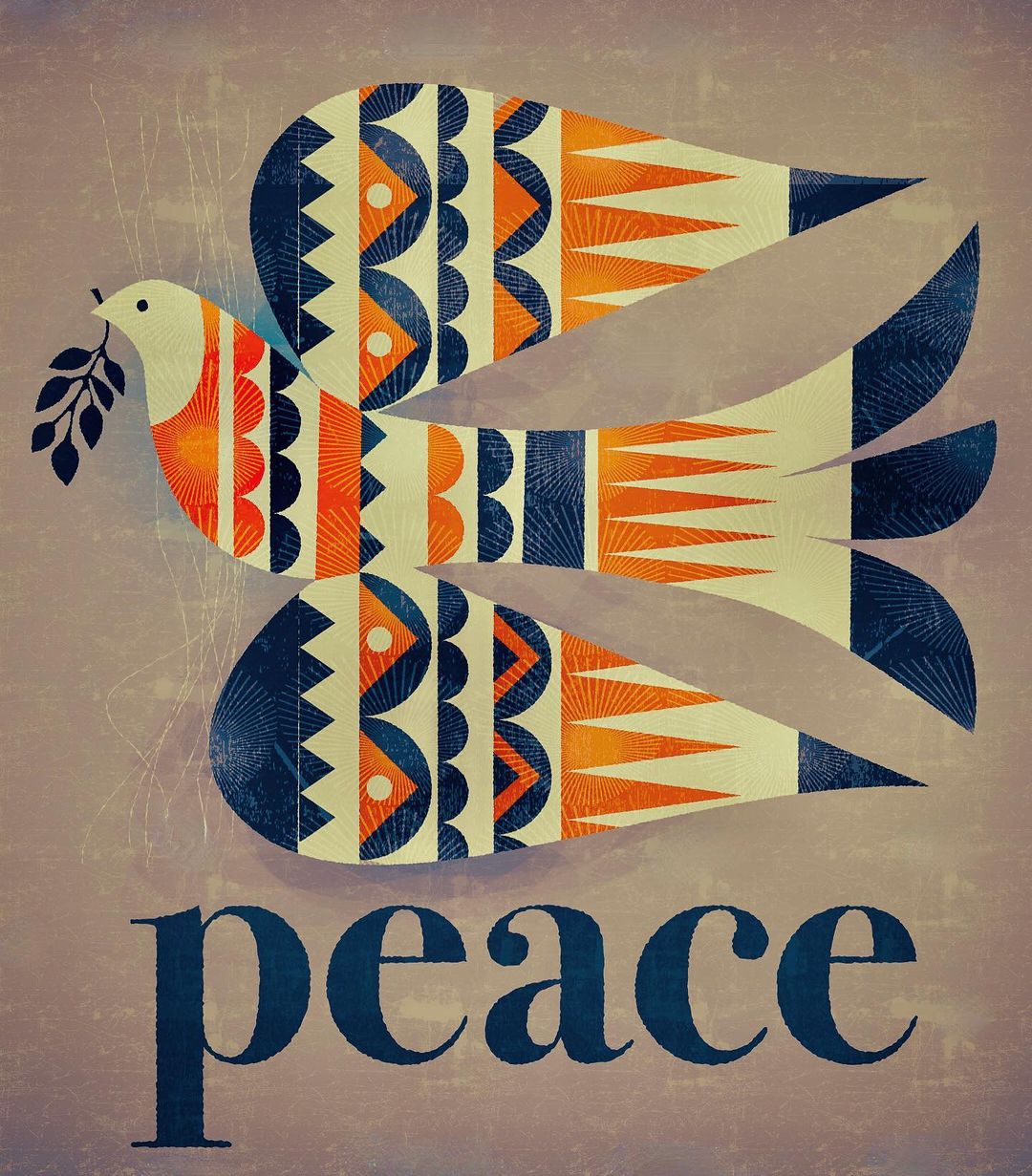 Illustrated folk-art style dove with orange and blue geometric patterns holding an olive branch, on a textured taupe background.