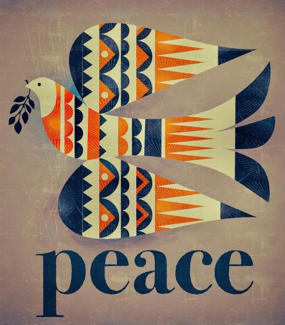 Illustrated folk-art style dove with orange and blue geometric patterns holding an olive branch, on a textured taupe background.