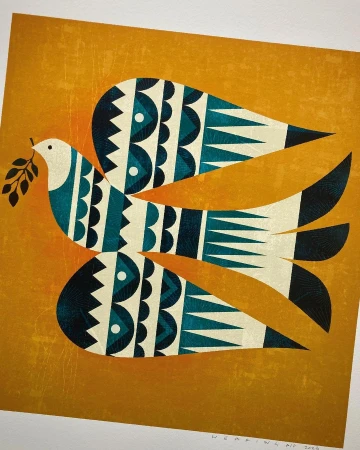Illustration of a stylized bird with geometric patterns in teal, cream, and black, holding an olive branch, set against a textured golden background.