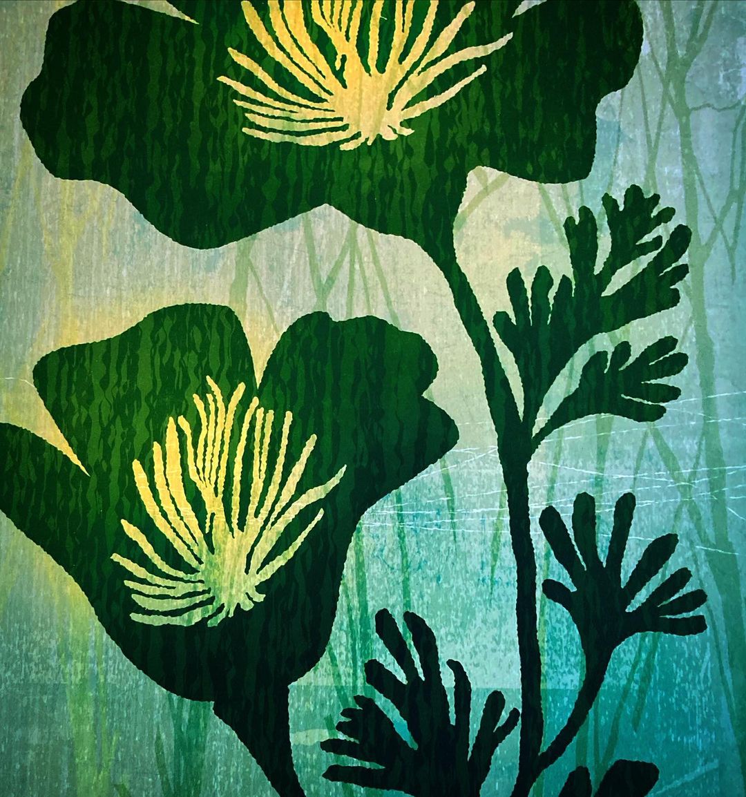 Illustration of two stylized green flowers with yellow centers against a green and blue background with vertical brushstrokes.
