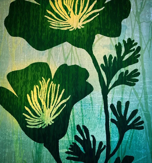 Illustration of two stylized green flowers with yellow centers against a green and blue background with vertical brushstrokes.