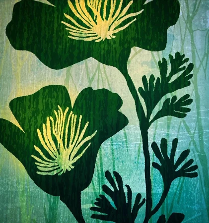 Illustration of two stylized green flowers with yellow centers against a green and blue background with vertical brushstrokes.