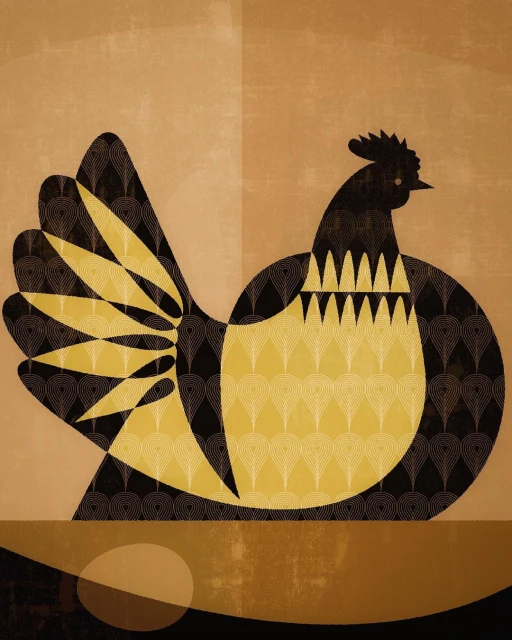Illustration of a black and yellow rooster with geometric patterns standing near a partially visible brown egg.