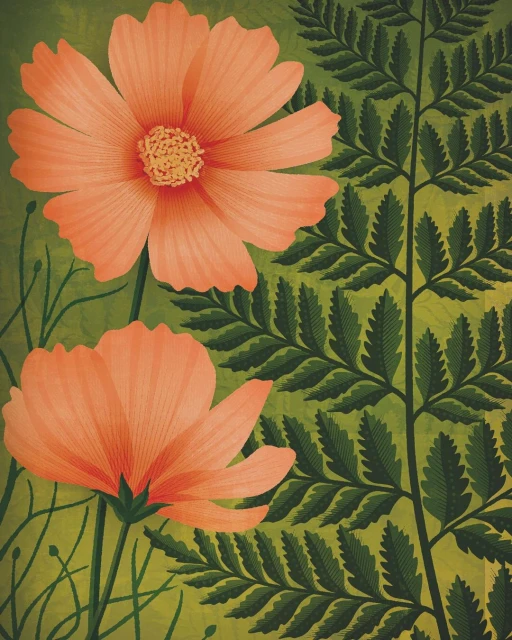 Digital painting of two orange cosmos flowers with yellow centers surrounded by green ferns on a green mottled background.